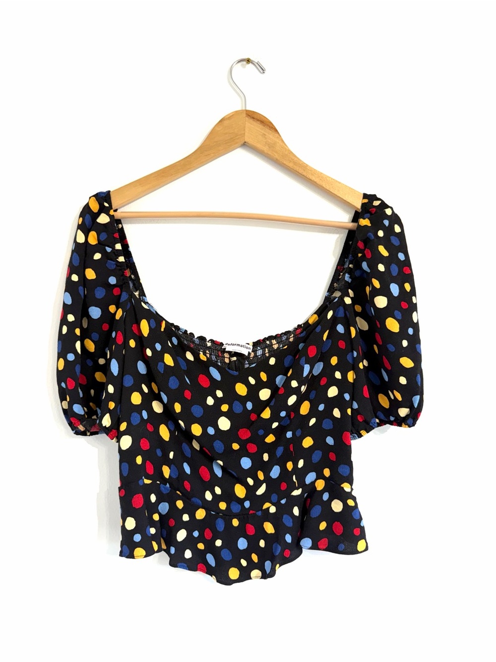 Reformation Aimee Polka Dot Peplum Crepe Top Fiesta Polka Dot